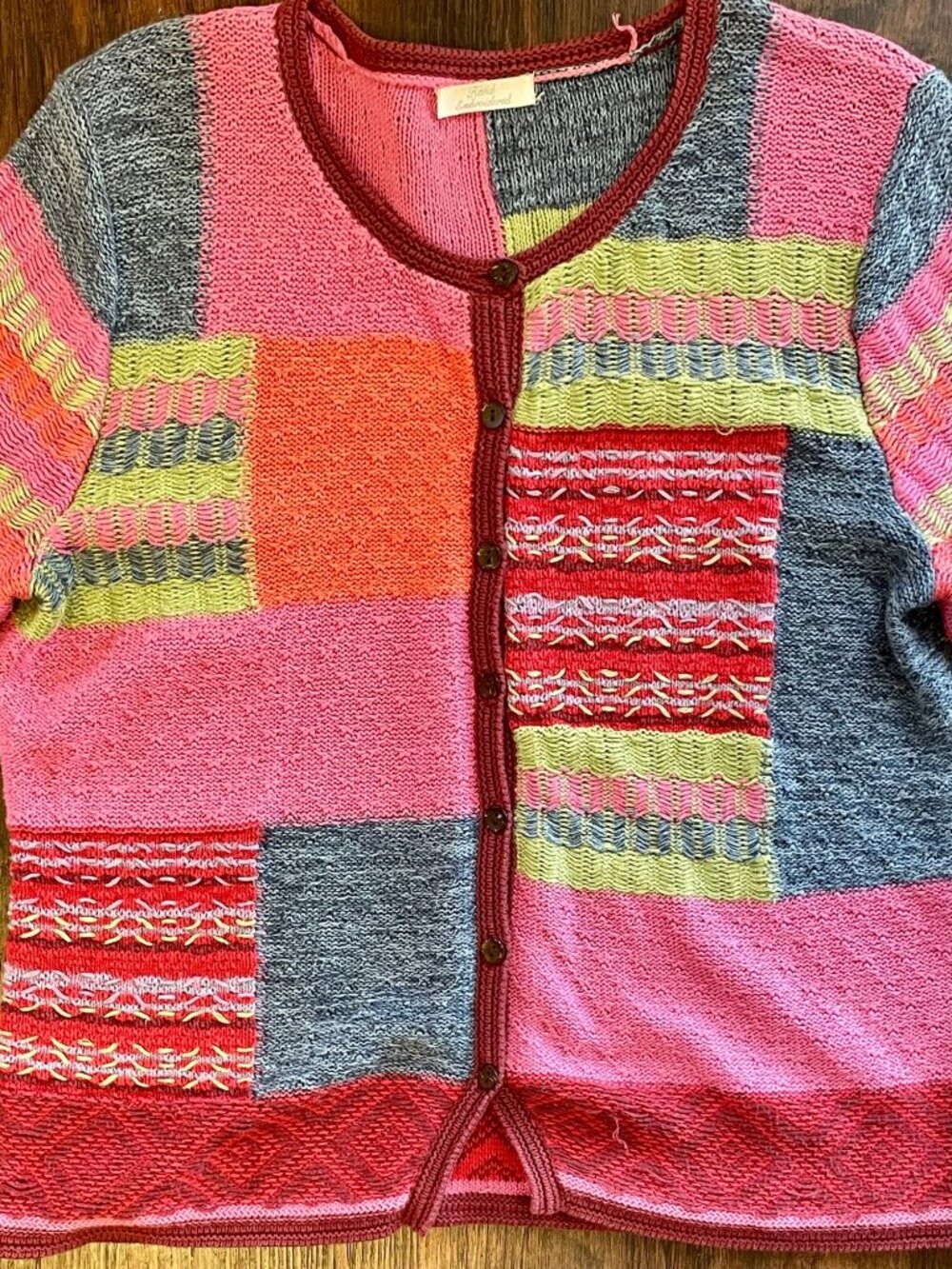 Vintage 1990s Colorful Hand Knit Patchwork Embroidered 3D Knit Cardigan Sweater - Picture 8 of 13